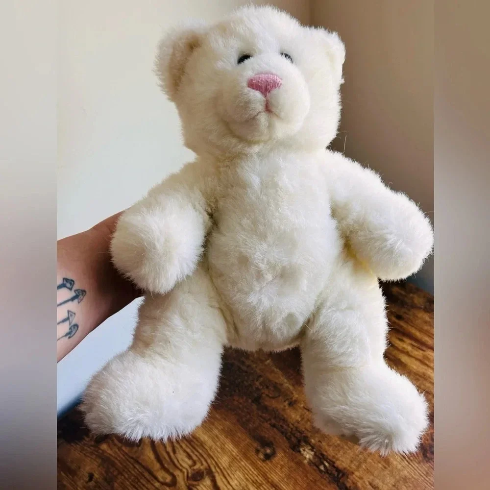 Build A Bear Vintage White Teddy with Pink Nose and Stitch